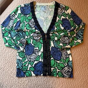 Anthropologie Tabitha "Laced Roses Cardigan" Sweater, Lace, Blue & Green, M, EUC